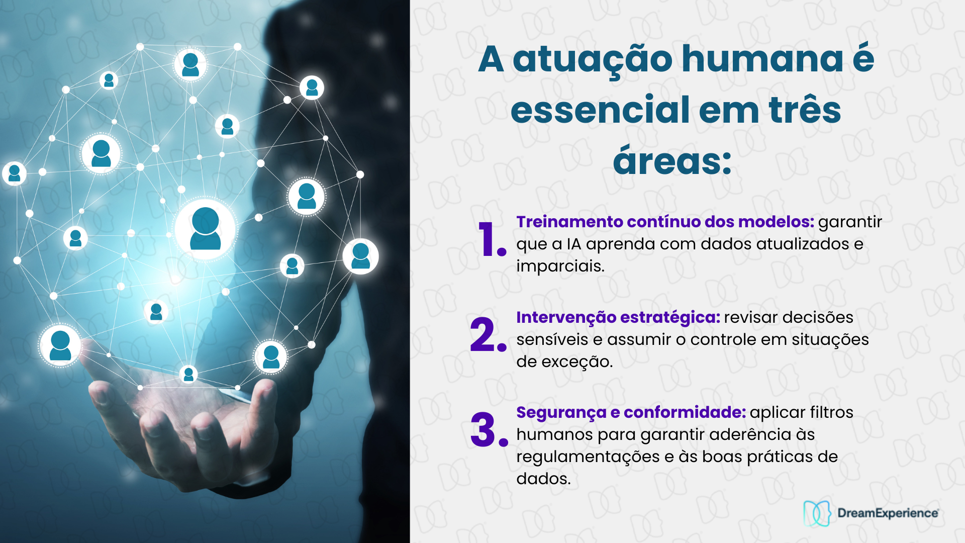 A atuação humana é essencial em três áreas: treinamento contínuo dos modelo, intervenção estratégica e segurança e conformidade. 